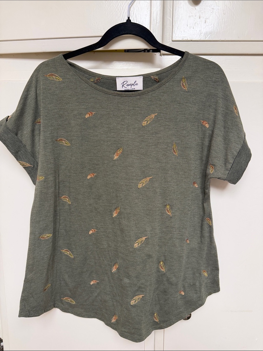 Remplie Olive Short Sleeve Embroidered Leaf Tee. Feather motif